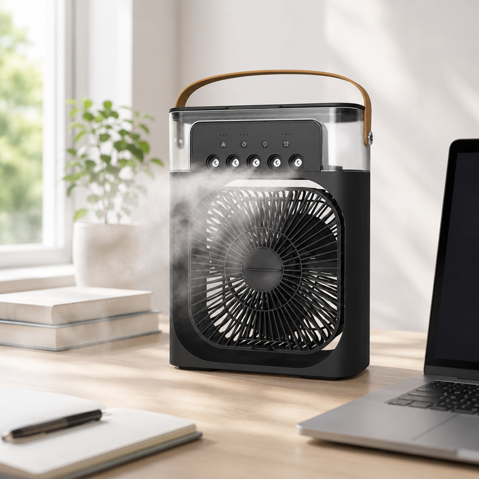 FrostFlow Pro — Ventilateur Brumisateur Portable 3-en-1